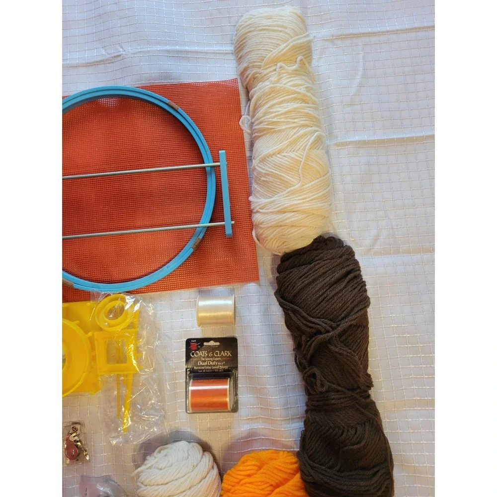 Vintage Needlework Lot Caron Rug Yarn Embroidery Hoops Sayelle Pom Pom Maker